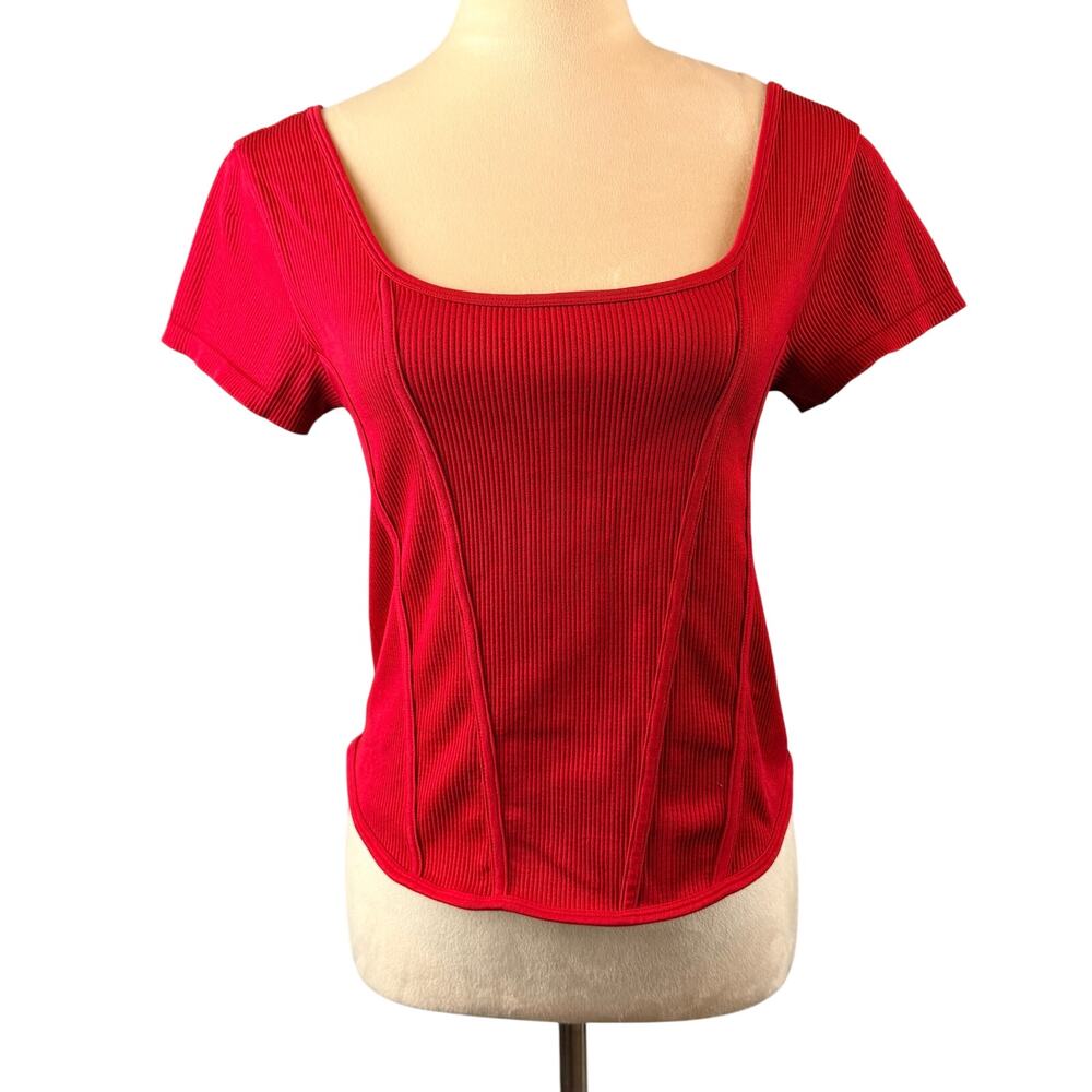 Almost Famous Square Neck Ribbed Corset Top Y2K Red Short Sleeve L/ XL